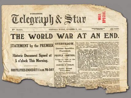 Newspaper headline reads "The World War At An End. 
