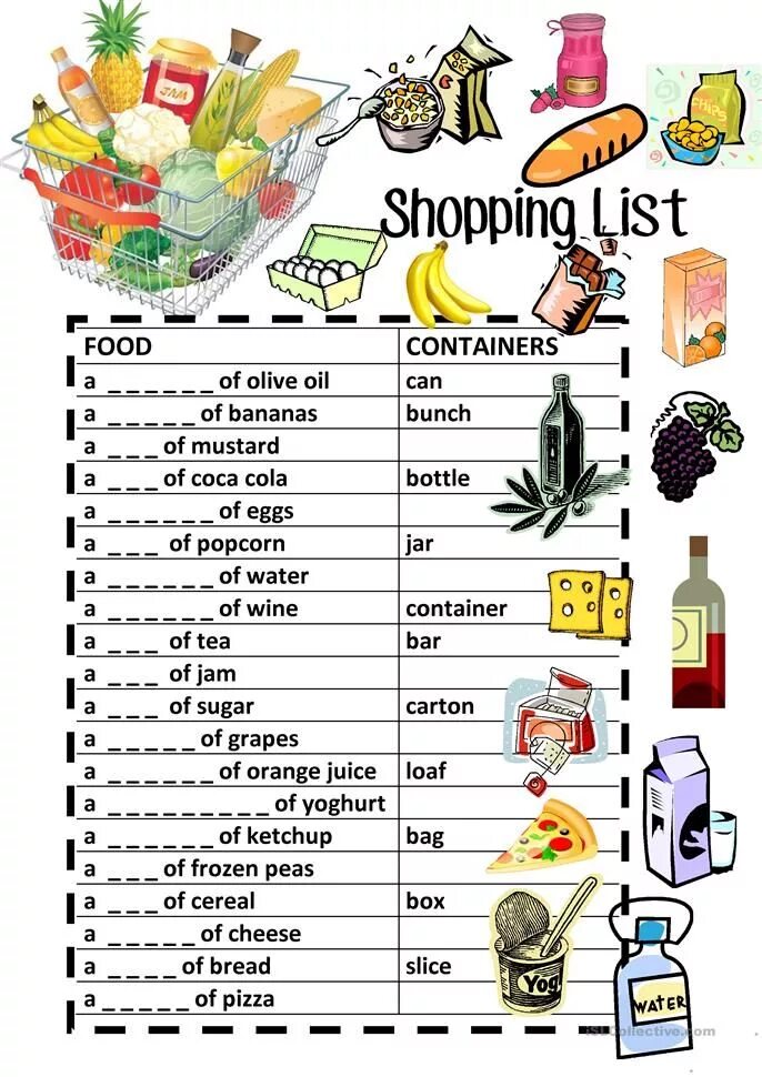 Food shopping list. Список покупок на английском. Список продуктов на английском языке. Containers в английском языке упражнения. Составить список покупок на английском языке.