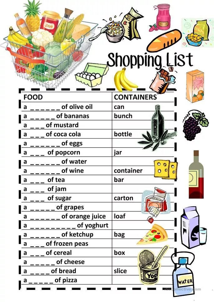 Complete the shopping dialogue. Список покупок на английском. Список продуктов на английском языке. Containers в английском языке упражнения. Составить список покупок на английском языке.