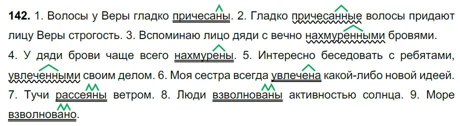 Вспомнишь какое лицо. Волосы у веры гладко причесаны. У дяди брови чаще всего нахмурены. Спишите обозначьте суффиксы причастий волосы у веры гладко причесаны. Домашнее задание по русскому языку 7 класс 142.