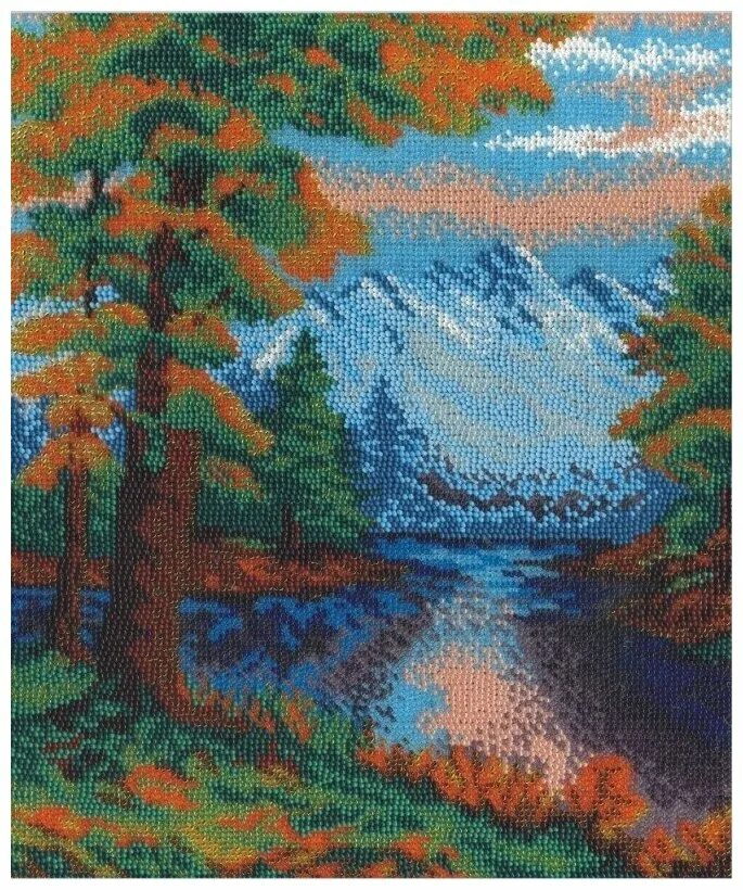 вышивка " горный пейзаж" goblenset. золотое руно лп-049. вышитые бисером пейзажи. вышивка риолис озеро в горах. наборы для вышивания крестом деревенский пейзаж.