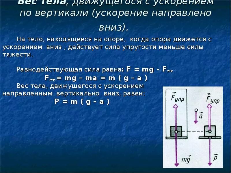 Чем меньше сила действует на тело тем. Вес тела с ускорением вверх формула. Вес тела движение с ускорением. Вес тела движущегося с ускорением. Вес тела движущегося с ускорением вверх и вниз.