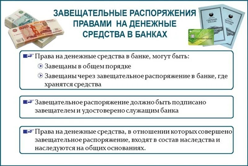 Выплаты государственный банк. Завещательное распоряжение правами на денежные средства в банке. Завещательное распоряжение на денежные средства в банках. Денежный вклад завещательное распоряжение. Оформление завещательного распоряжения в банке.