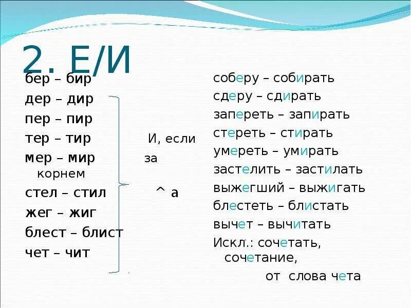 Корни бер бир тер тир пер пир дер Дир стел стил правило. Стил стел чередующиеся корни.