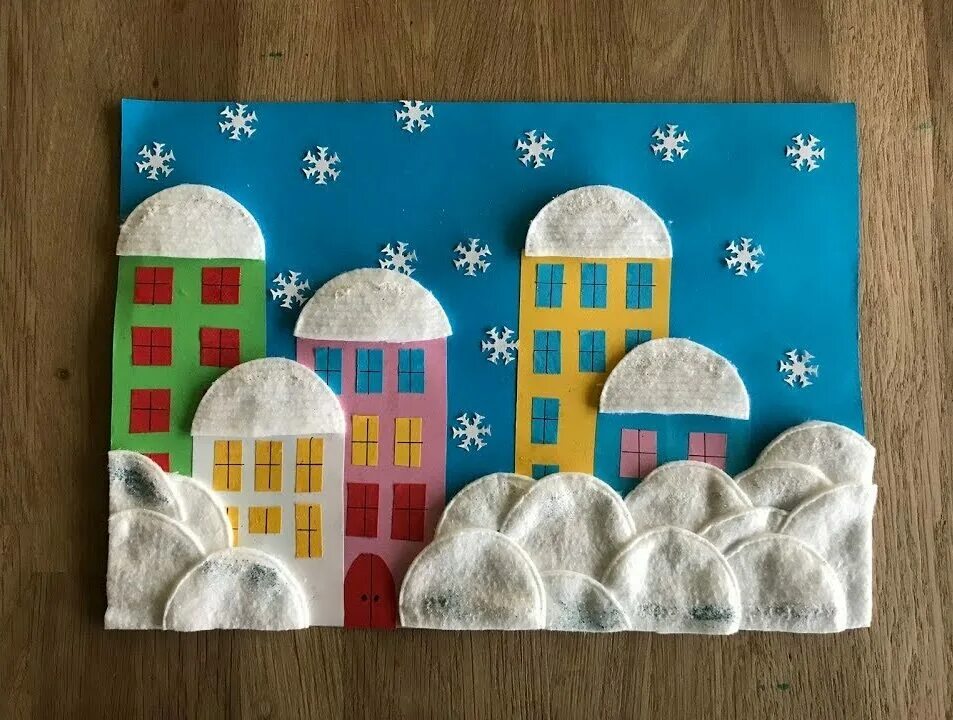 Зимняя аппликация. Зимняя аппликация. Город из ватных дисков. Аппликация из ватных дисков для детей. Зимняя аппликация из ватных дисков.