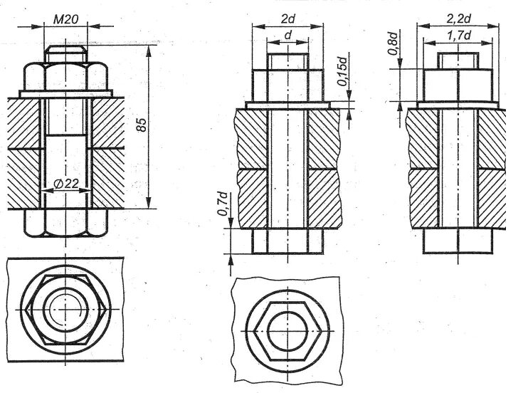 Соединение болтом размеры. Чертеж резьбы болтового соединения м20. Упрощенное изображение болтового соединения м20. Болтовое соединение м20 чертеж. Болтовое соединение чертеж с размерами м20.