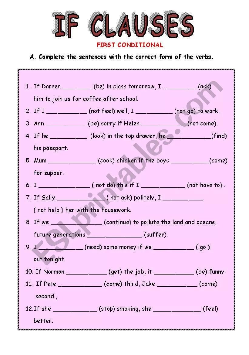 First conditional clause. If clauses. first conditional time clauses. if clauses type 1. 1st conditional worksheets.