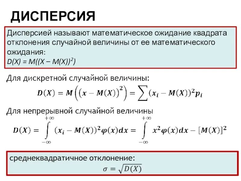 Математическое ожидание квадрата отклонения величины от ее. Мат ожидание и дисперсия. Математическое ожидание и дисперсия случайной величины. Формула мат ожидания и дисперсии. M x d x б x