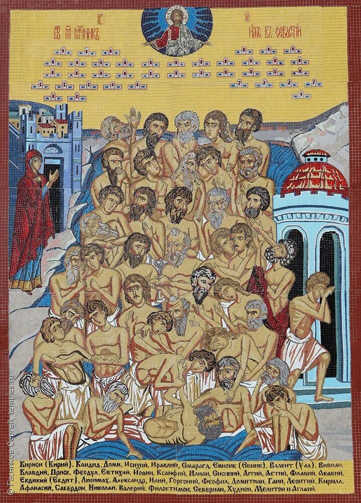 40 св лет. Икона 40 Севастийских мучеников. Икона 40 мучеников. Сорока мучеников, в Севастийском озере мучившихся. День 40 святых.