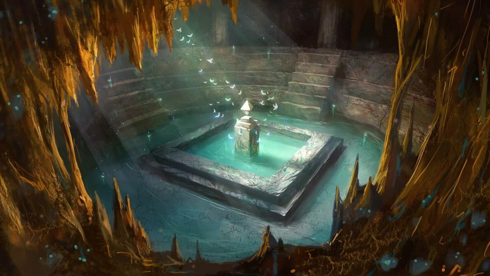 Фэнтези арт алтарь в подземелье. Фантастическая пещера. Храм фэнтези. Подземный храм фэнтези.