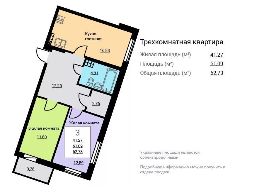 Площадь 1 трехкомнатной квартиры