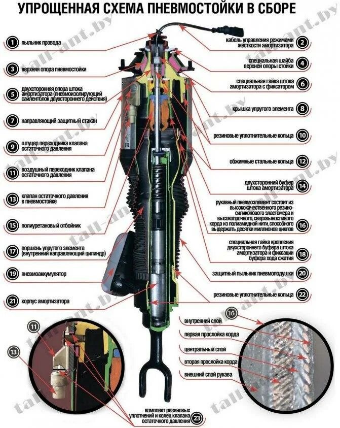 Устройство пневмо. Устройство и принцип работы пневматической подвески. Устройство пневмостойки Туарег схема. Пневмостойка конструкция. Устройство стойки пневмоподвески.