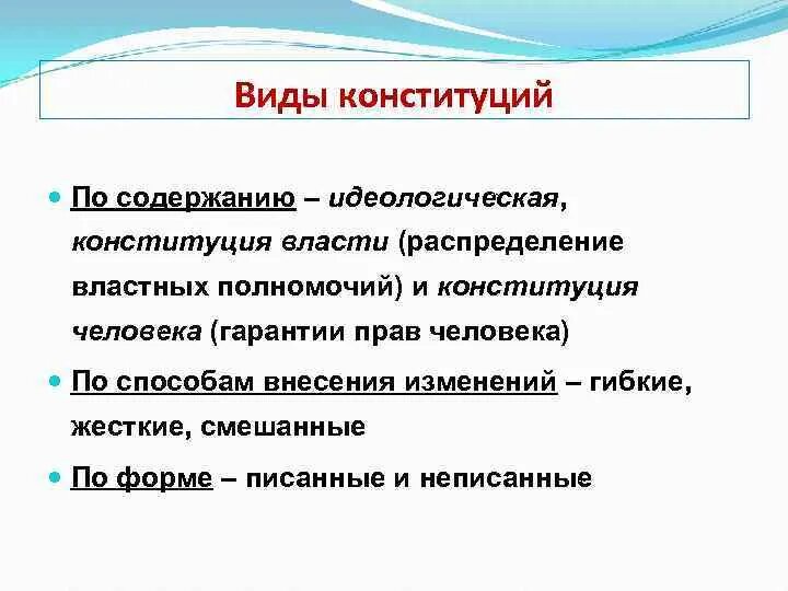 Виды конституций. Виды конституций по содержанию. Идеологическая Конституция. Виды Конституции идеологическая.