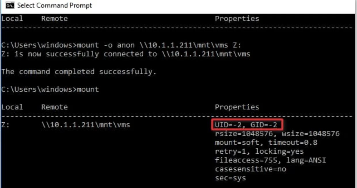 NFS клиент Windows 10. Uid gid Linux. Connected successfully. Commands completed successfully..