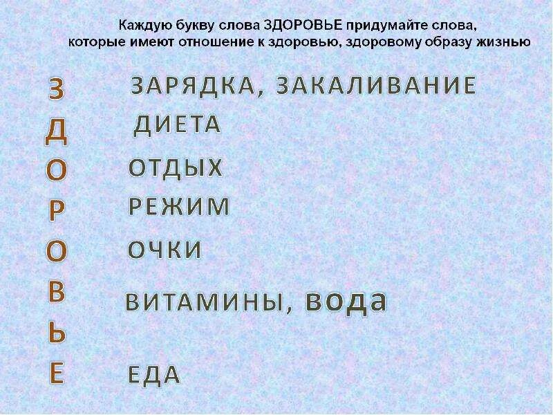 Слово здоровье составить слова. Здоровье на каждую букву придумать слово. Здоровье слова на каждую букву. Слова которые относятся к здоровью. Здоровье придумать слова.