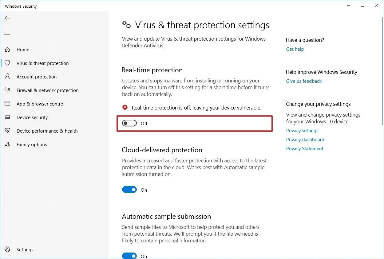 Update viral. How to turn off the Windows Defender. "Real-time Protection" (virus & threat Protection Tab). Turn off Windows updates. Windows Defender off.