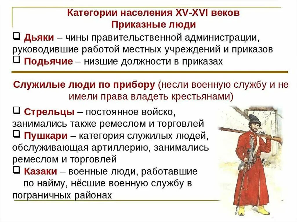 Какое место среди служилых людей по отечеству. Категории населения Руси 15-16 века. Категории населения России в 16 веке. Категории населения людей. Приказные люди это в истории.