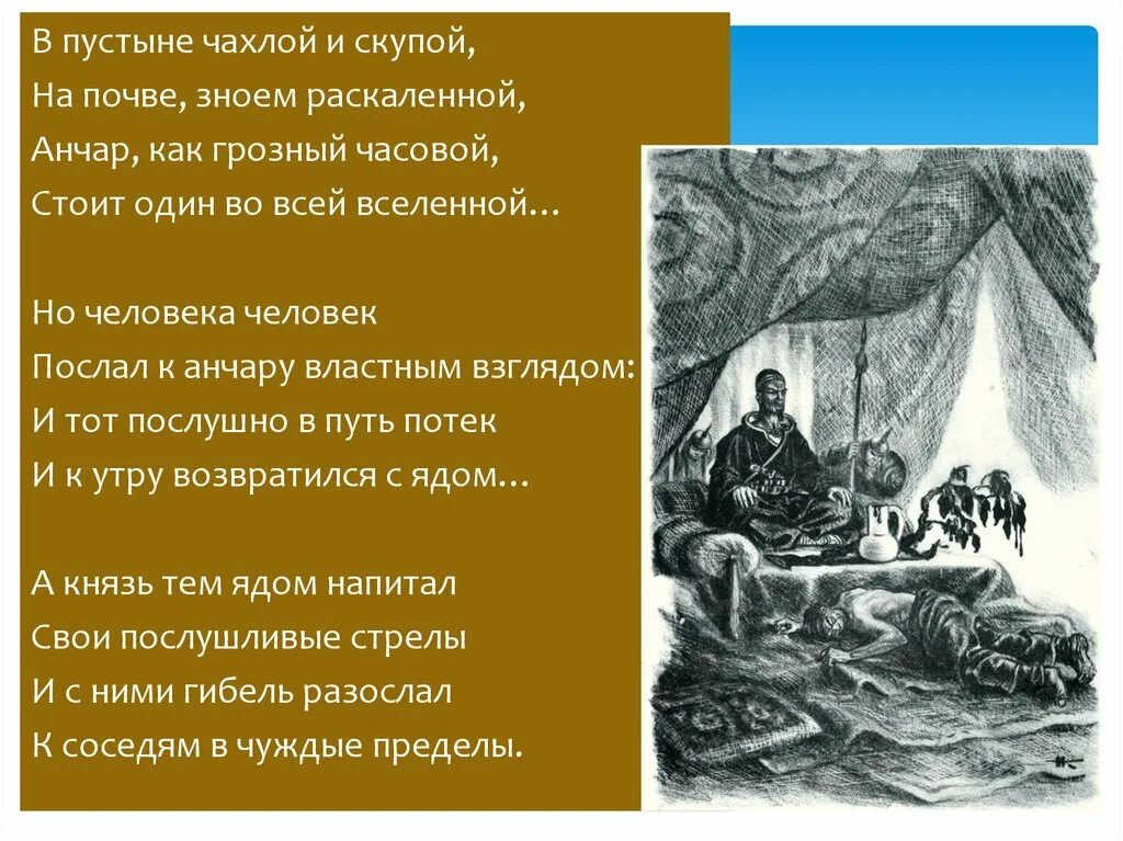 Стоит анчар как часовой. И человека человек послал к анчару властным. в пустыне чахлой и скупой. в пустыне чахлой и скупой на почве. в пустыне чахлой и скупой на почве зноем раскаленной анчар.