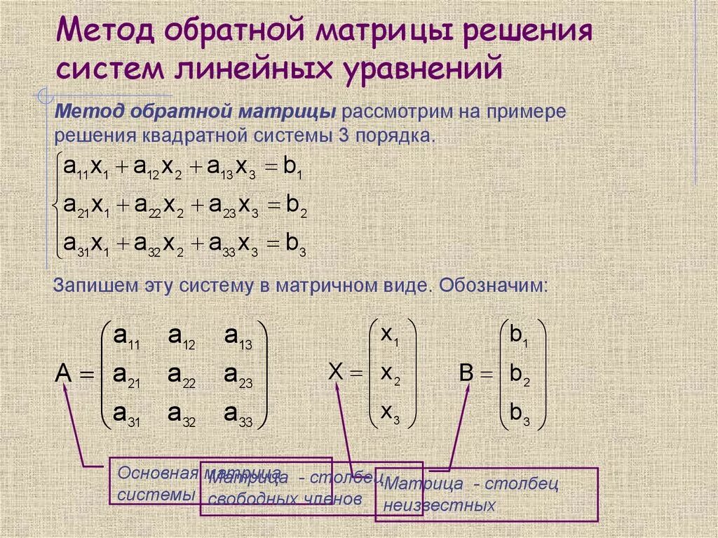 Матрица алгоритм решения. Метод обратной матрицы для решения систем линейных уравнений. Основная матрица системы линейных алгебраических уравнений. Решение систем алгебраических уравнений методом обратной матрицы. Решение уравнений методом обратной матрицы.