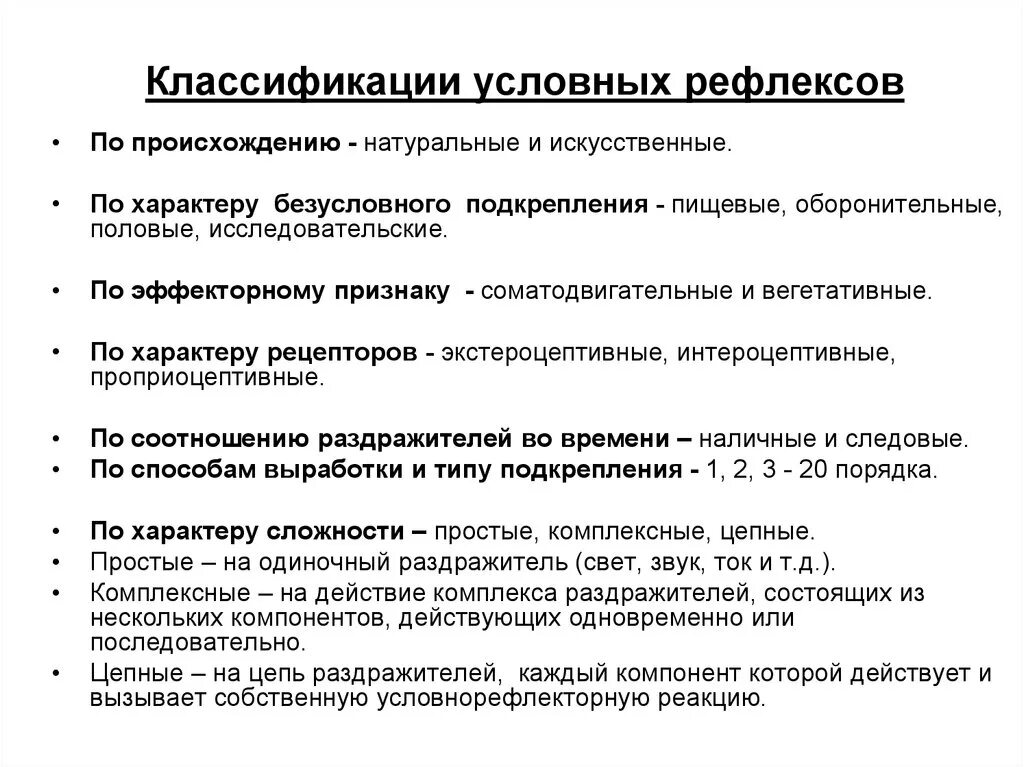 Условный тип рефлекса. Классификация условных рефлексов по способу выработки.. Классификация рефлексов по Павлову схема. Классификация образования условного рефлекса. Классификация и методика определения безусловных рефлексов..