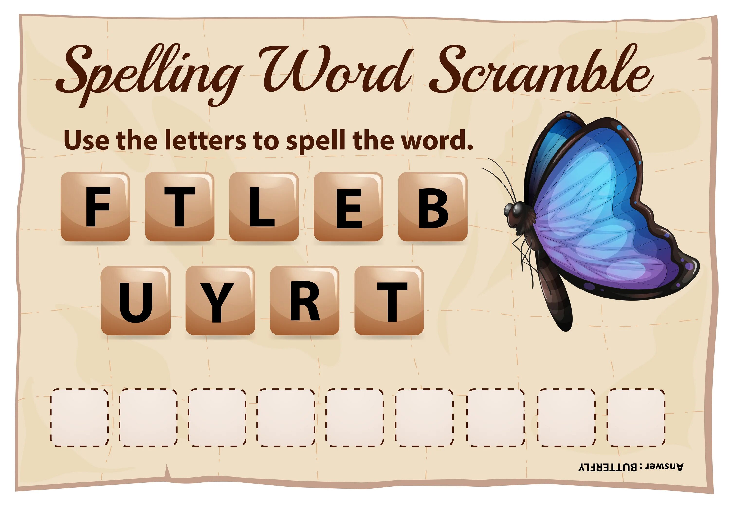 Spell the following word. Spell the word game. scrambled words game. spelling words. butterfly word.