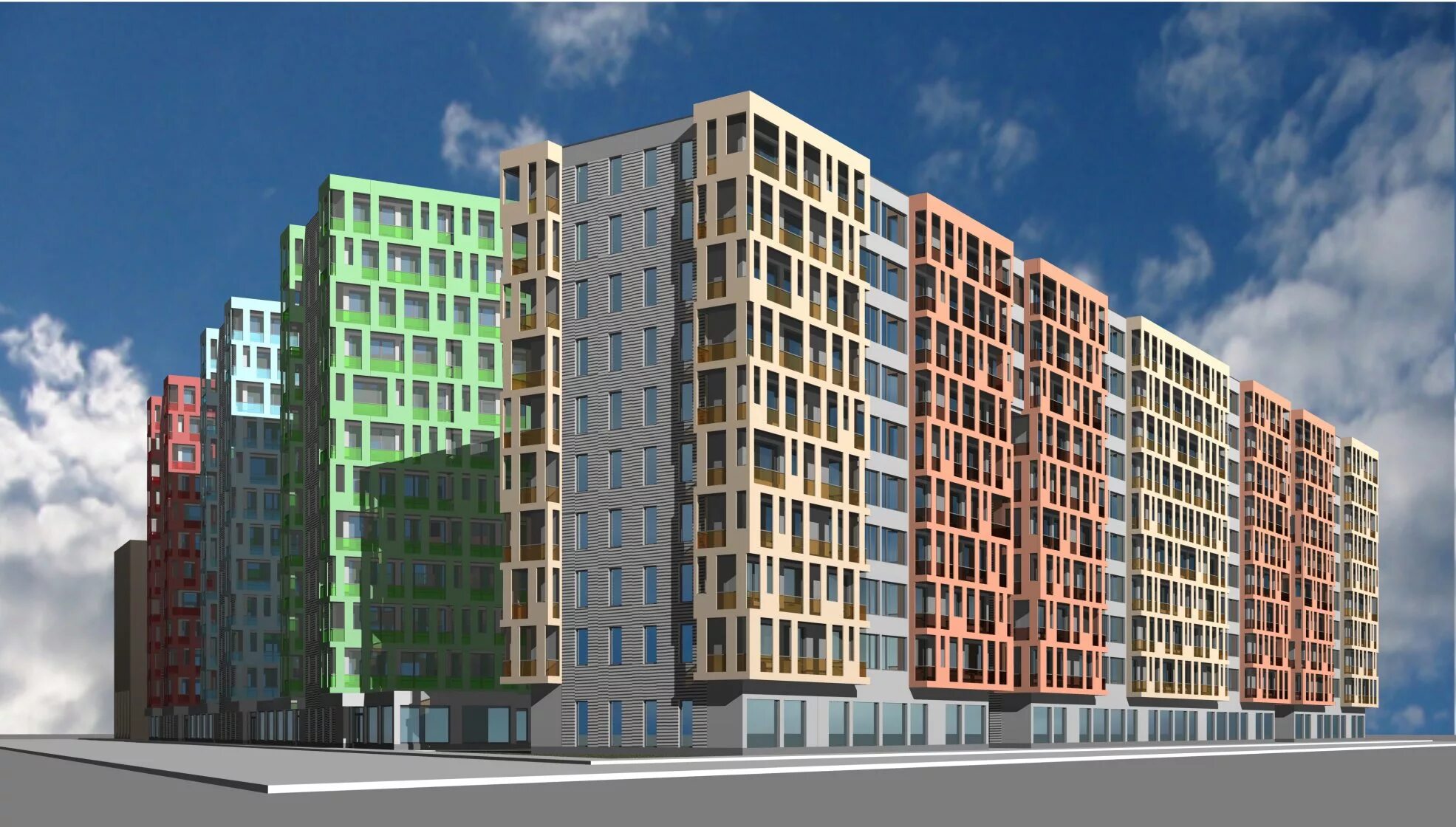 Фасад многоэтажки. Континент пенза рисан. Со встроенными помещениями. Жилой дом переменной этажности. Со встроенными помещениями.