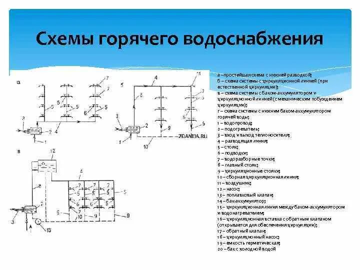 Водопроводы горячего водоснабжения. Нижняя разводка системы горячего водоснабжения схема. Схема ГВС С баком аккумулятором горячей воды. Элементы горячего водопровода схема. Циркуляционная схема горячего водоснабжения.