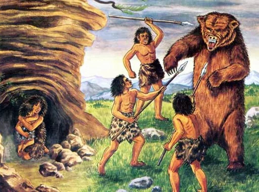 Первобытный мир и человек. Каменный век неандертальцы. Пещерный медведь кроманьонцы. Древний человек. Первобытные люди.
