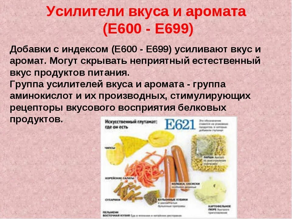 Усилители вкуса е600-е699. Пищевые добавки е600-е699. Глутамат – усилитель вкуса и запаха (e621. Усилители вкуса и аромата.