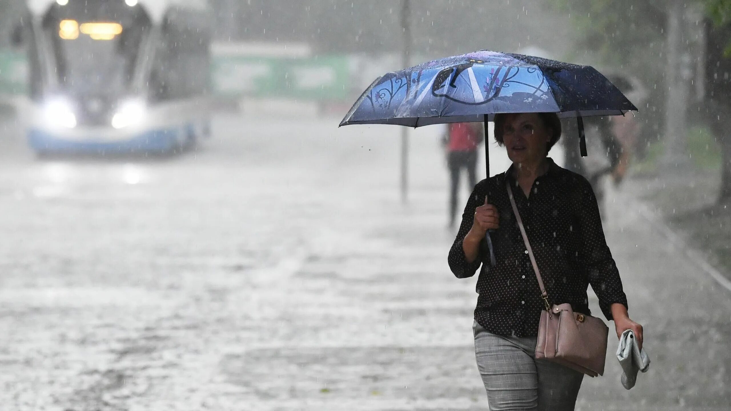 Дождливый день. Женщина с зонтом. Под дождем. Небольшой дождь.