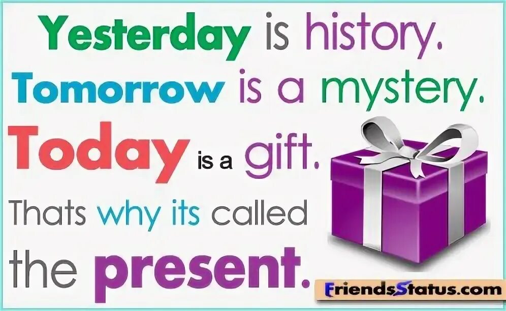 Yesterday is a History tomorrow is a Mystery today is a Gift. Yesterday is History. Yesterday is History tomorrow is Mystery today is a Gift that is why it is Called the present. Yesterday is History tomorrow is Mystery. Yesterday is not today