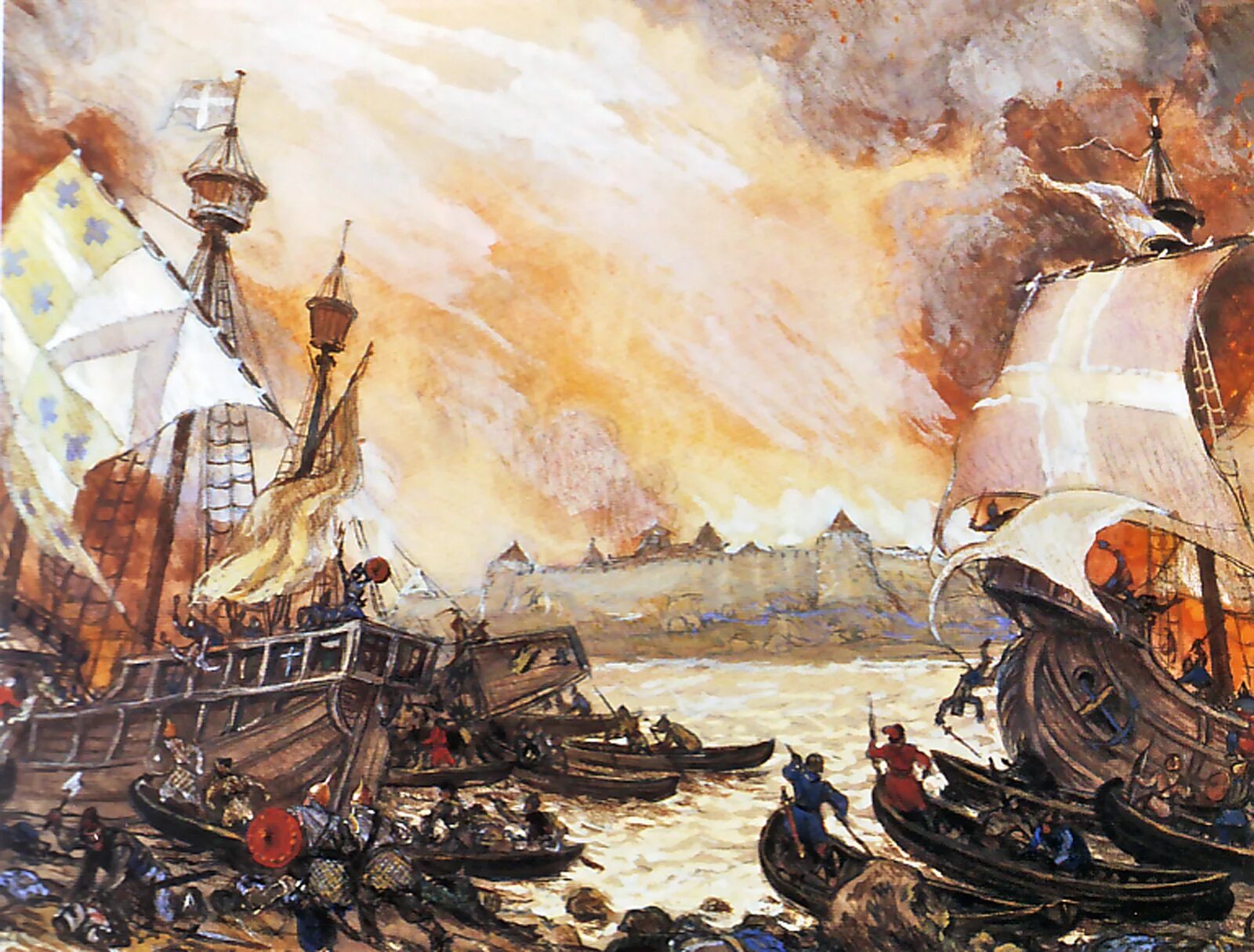 Сражение новгородцев со шведами у крепости Ладога в 1164 году. Невская битва корабли Шведов.