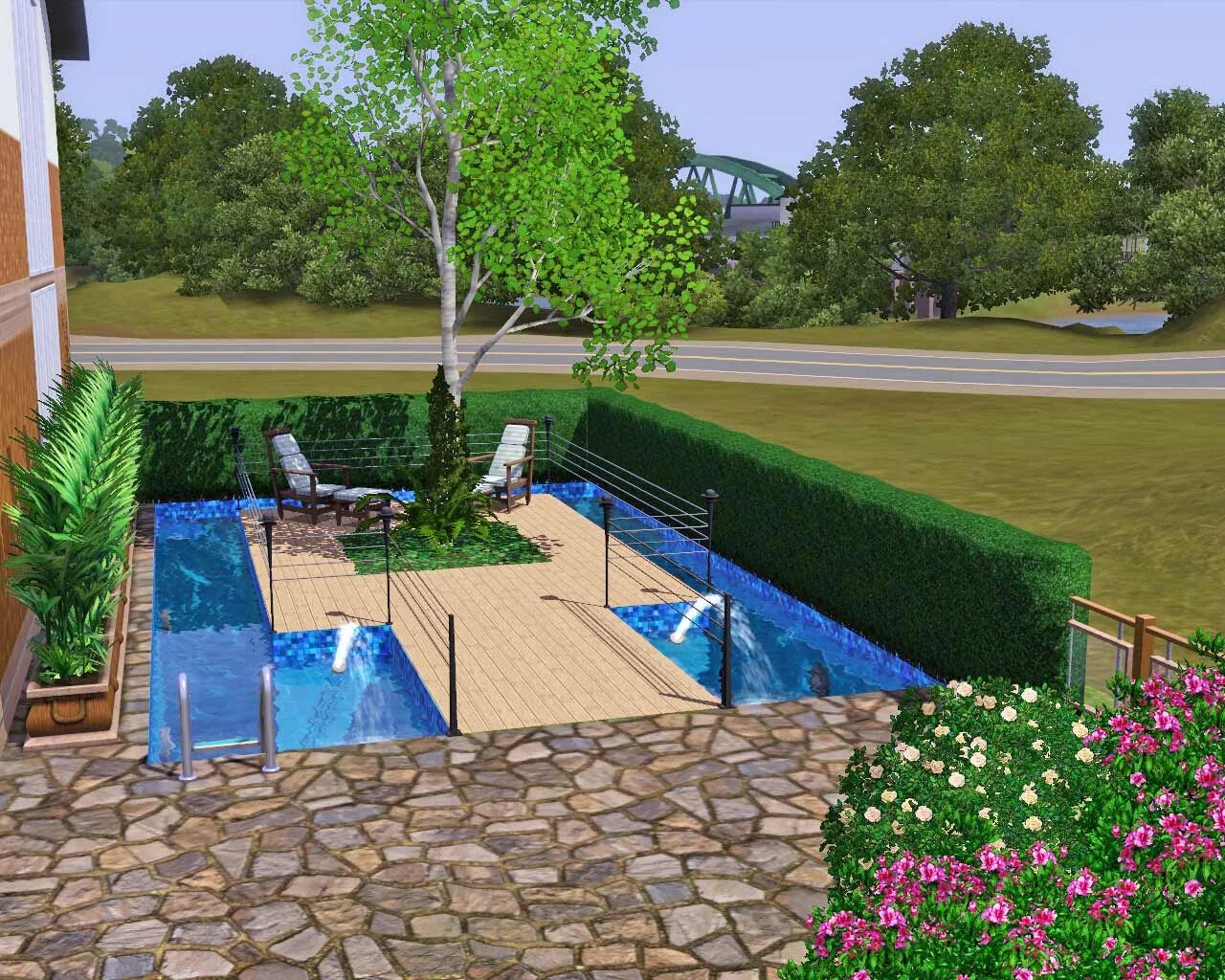 Как построить бассейн в симс. Симс 4 ландшафт. симс 4 дворик. sims 4 бассейн. зона у бассейна симс 4.