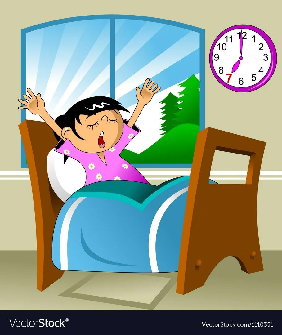 She breakfast at 7 o clock. Ребенок просыпается. Подъем утром. Ученик просыпается. Вставать с постели.