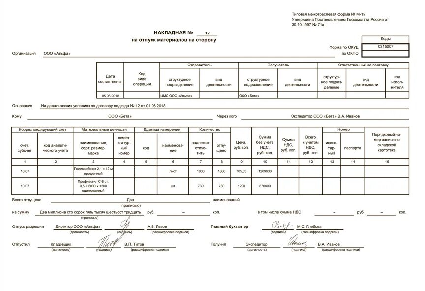 Форма м15 передача материалов. Форма м-15 накладная на отпуск. М15 накладная давальческое сырье. Накладная форма м 15 образец заполнения.