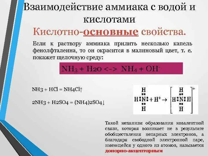 Реакции аммиака с водой и кислотами. Раствор аммиака и фенолфталеин. Аммиачный раствор какая среда. Взаимодействие аммиака с водой. Кислотно-основные свойства аммиака.