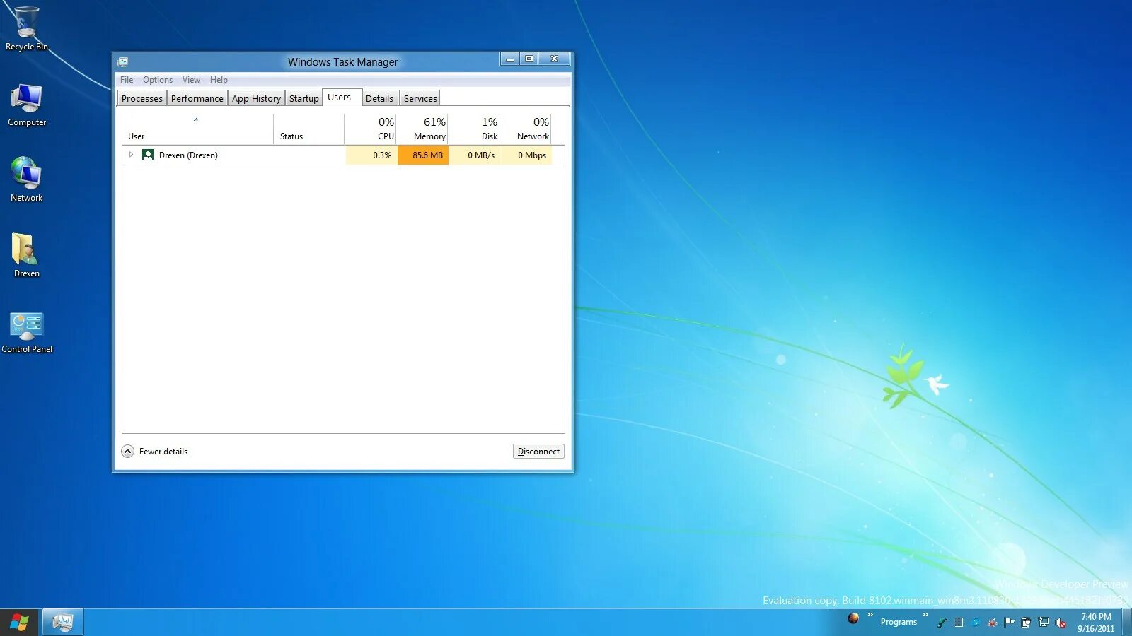 Windows task Panel. Windows 8 build 8102. Windows tasks service.