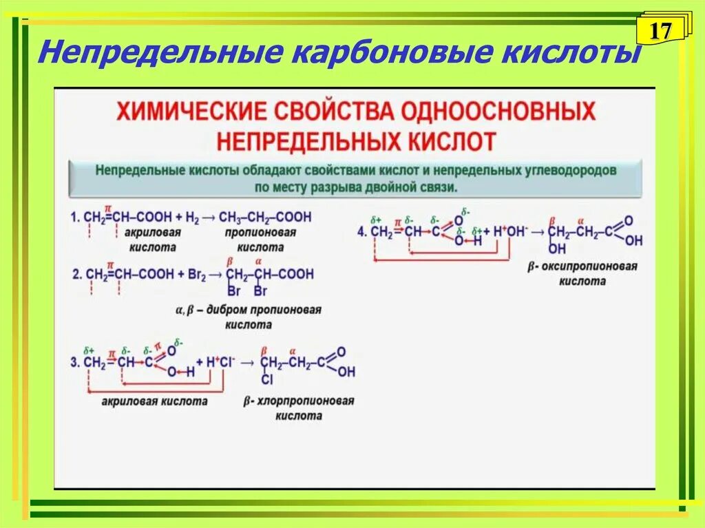 Получение одноосновных кислот. Непредельные карбоновые кислоты химические свойства. Специфические реакции непредельных карбоновых кислот. Непредельные многоосновные карбоновые кислоты. Гидратация одноосновных непредельных карбоновых кислот.