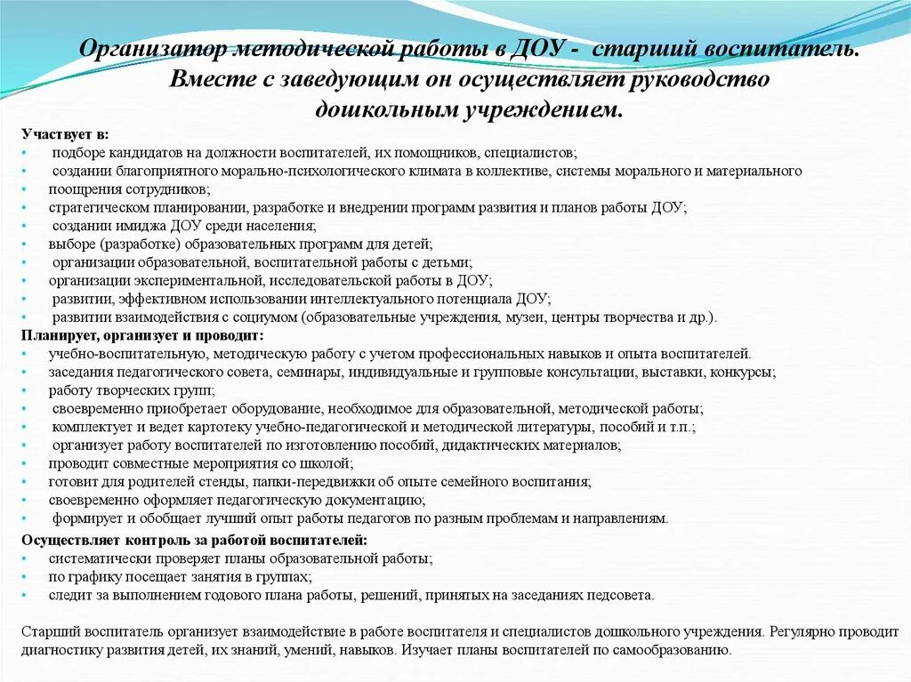 Отпуск заведующим детского сада. Методическая работа воспитателя в ДОУ. Работа старшего воспитателя в ДОУ. План руководства работой помощника воспитателя в ДОУ. План работы заведующего ДОУ.