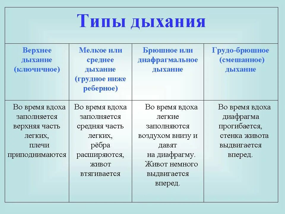 Какой тип дыхания. Типы дыхания у человека таблица. Характеристика типов дыхания. Физиологические типы дыхания. Типы и виды дыхания у детей.