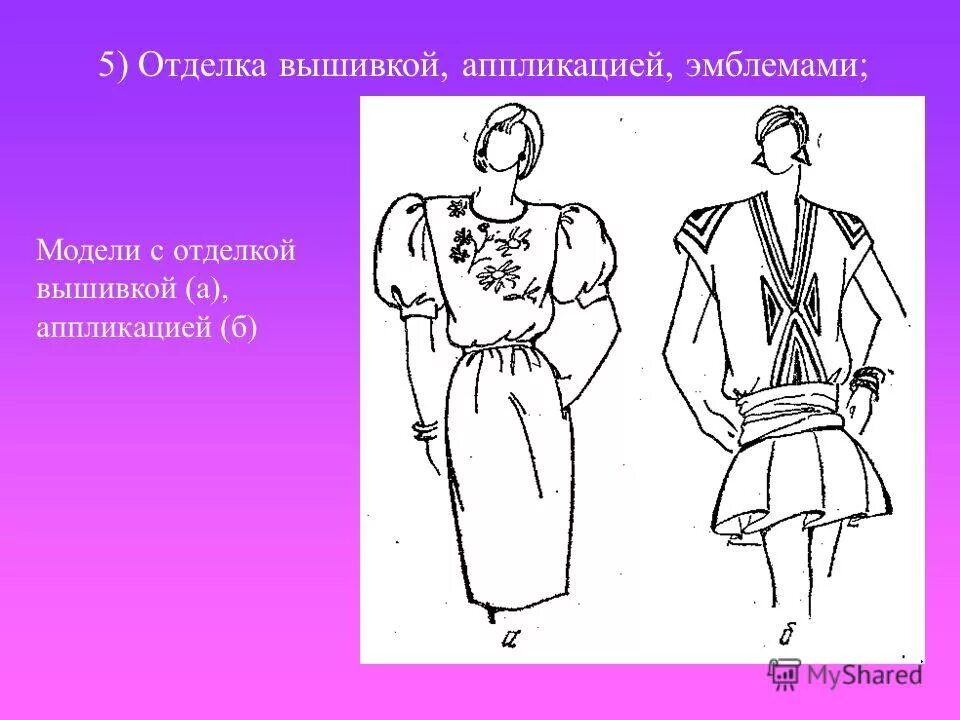 Костюм составные части. Декоративное оформление швейного изделия. Особенности конструкции и декора одежды. Презентация декоративная отделка одежды. Отделка вышивкой аппликацией эмблемами.