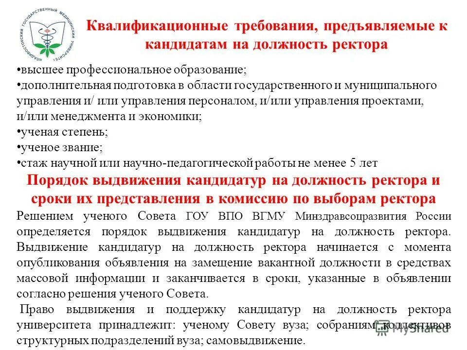 Изменение квалификационных требований. Квалификационные требования к кандидатам. Требования к квалификации ректора вуза. Протокол выдвижения кандидатуры на должность ректора. Квалификационные требования к ректору вуза.