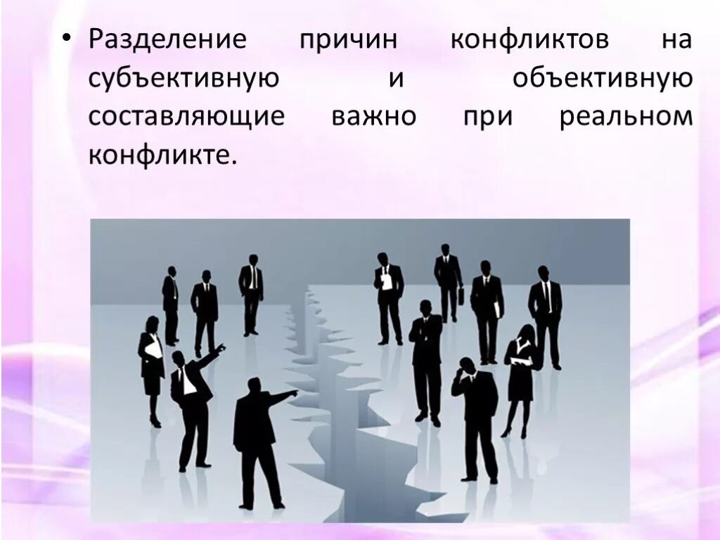 Конфликт разделения. Субъективный конфликт. Объективные составляющие конфликта. Объективные и субъективные причины конфликтов. Субъективное противоречие