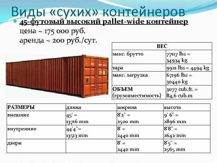 Сколько весит пустой контейнер. 40 Футовый контейнер High Cube Pallet wide грузоподъемность. Габариты контейнера 45 футов внутренние. 20 Ти футовый контейнер габариты. Габариты 45 футового морского контейнера.