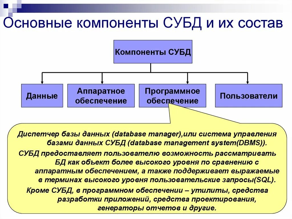 Организация систем управления базами данных. Система управления база данных основные компоненты. База данных и система управления базами данных СУБД. Основные компоненты системы управления базами данных. Основные элементы систем управления базами данных.