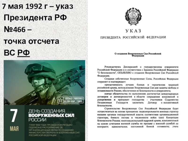 Указ президента вопросы прохождения военной. Указ о создании Российской армии. 7 Мая 1992 г. День основания Вооружённых сил России. Указ о создании Вооруженных сил РФ.