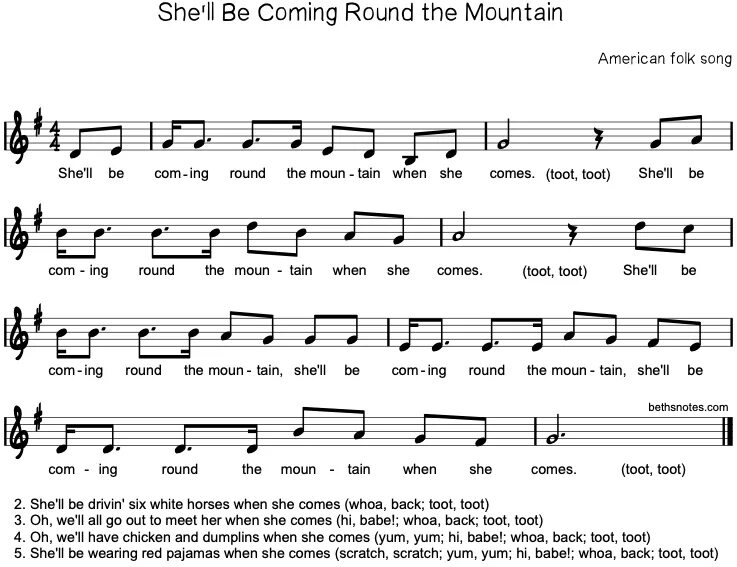 Come round to us. Велерман текст. She ll be coming Round the Mountain when she comes. The Chicken Notes. She'll be coming Round the Mountain for Kids Lyrics.