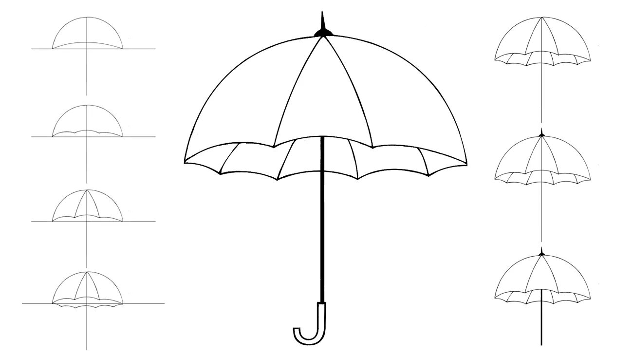 Зонтик карандашом. Зонтик рисунок карандашом. Зонтик поэтапное рисование. Зонтик рисунок для детей раскраска. Рисуем зонтик поэтапно.