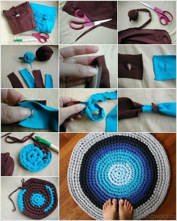 Коврик из трикотажных футболок. Коврик из старых футболок крючком. Из старых футболок крючком для начинающих. Рукоделие из старых вещей. Коврик из футболок крючком.