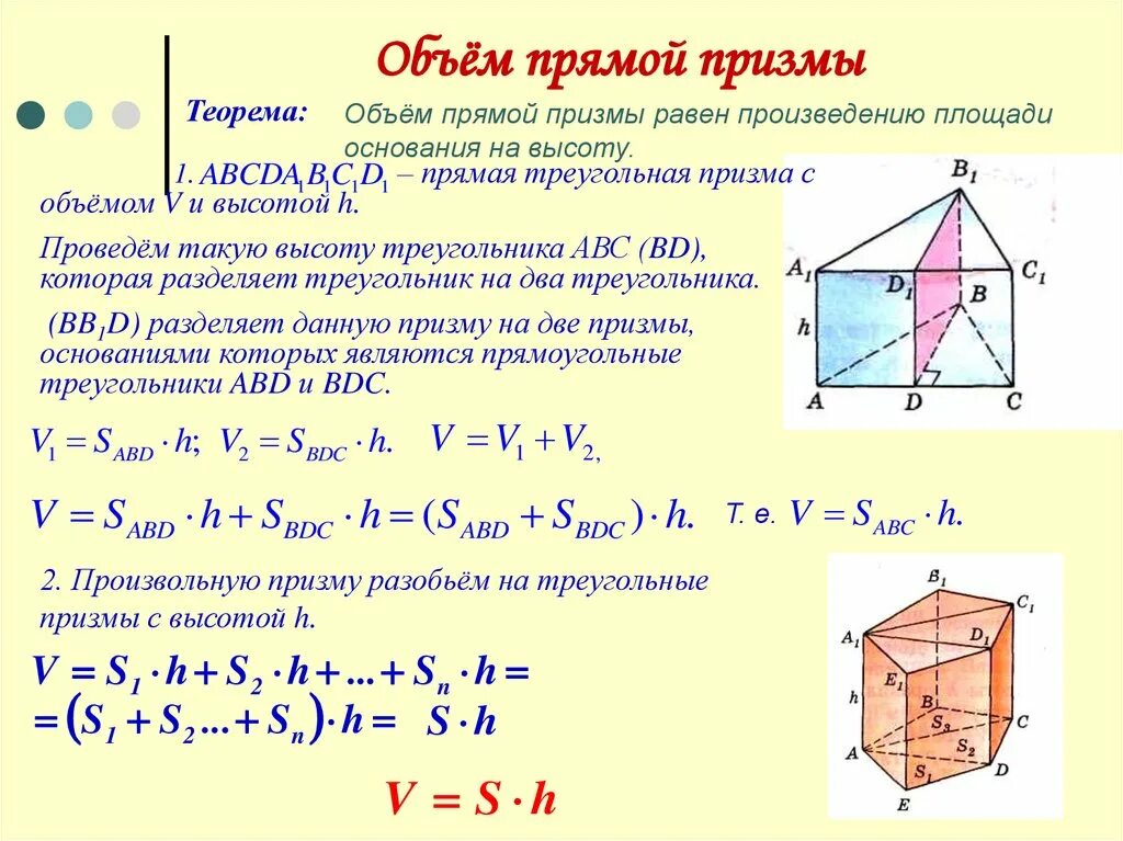 Объем прямой призмы равен произведению. Объем прямой Призмы формула. Теорема об объеме прямой Призмы. Произвольная Призма формулы. Объем прямой треугольной Призмы.